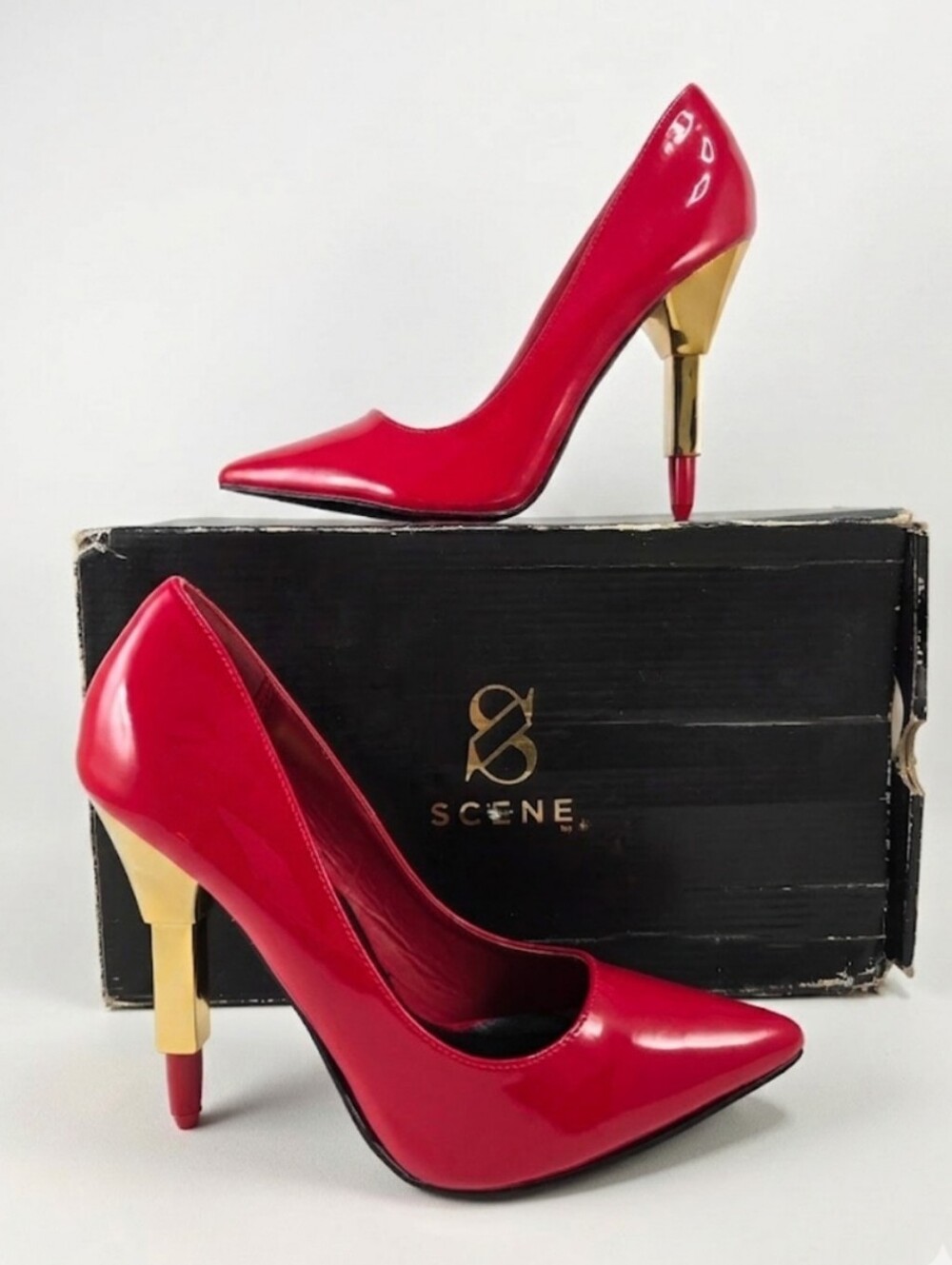 As- Is SCENE Red Patent Lipstick Heel Pumps 7.5, Art Prop, Upcycling